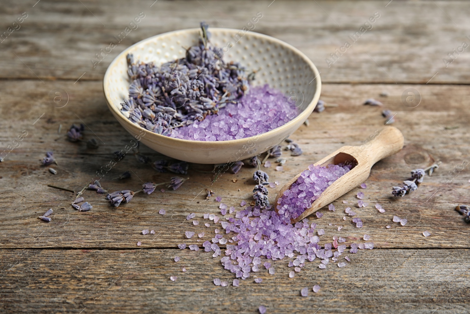 Photo of Composition with lavender flowers and natural cosmetic on wooden background