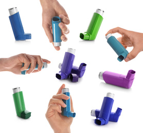 Image of Collage with portable asthma inhalers on white background
