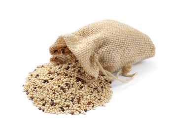 Photo of Sack with raw quinoa seeds isolated on white