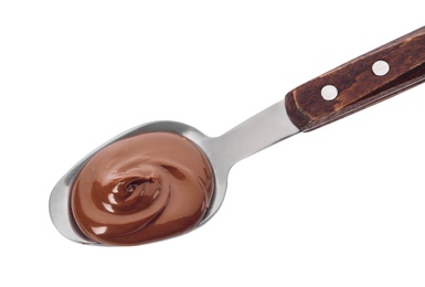 Spoon with sweet chocolate cream on white background, top view