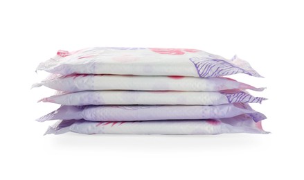 Photo of Stack of menstrual pads on white background. Gynecological care