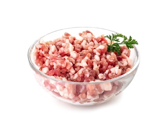 Photo of Glass bowl with minced meat and parsley on white background