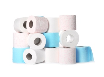 Photo of Different toilet paper rolls on white background