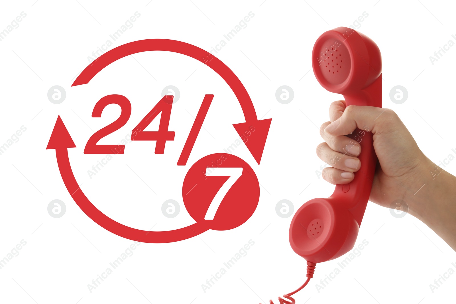 Image of 24/7 hotline service. Woman holding handset on white background, closeup