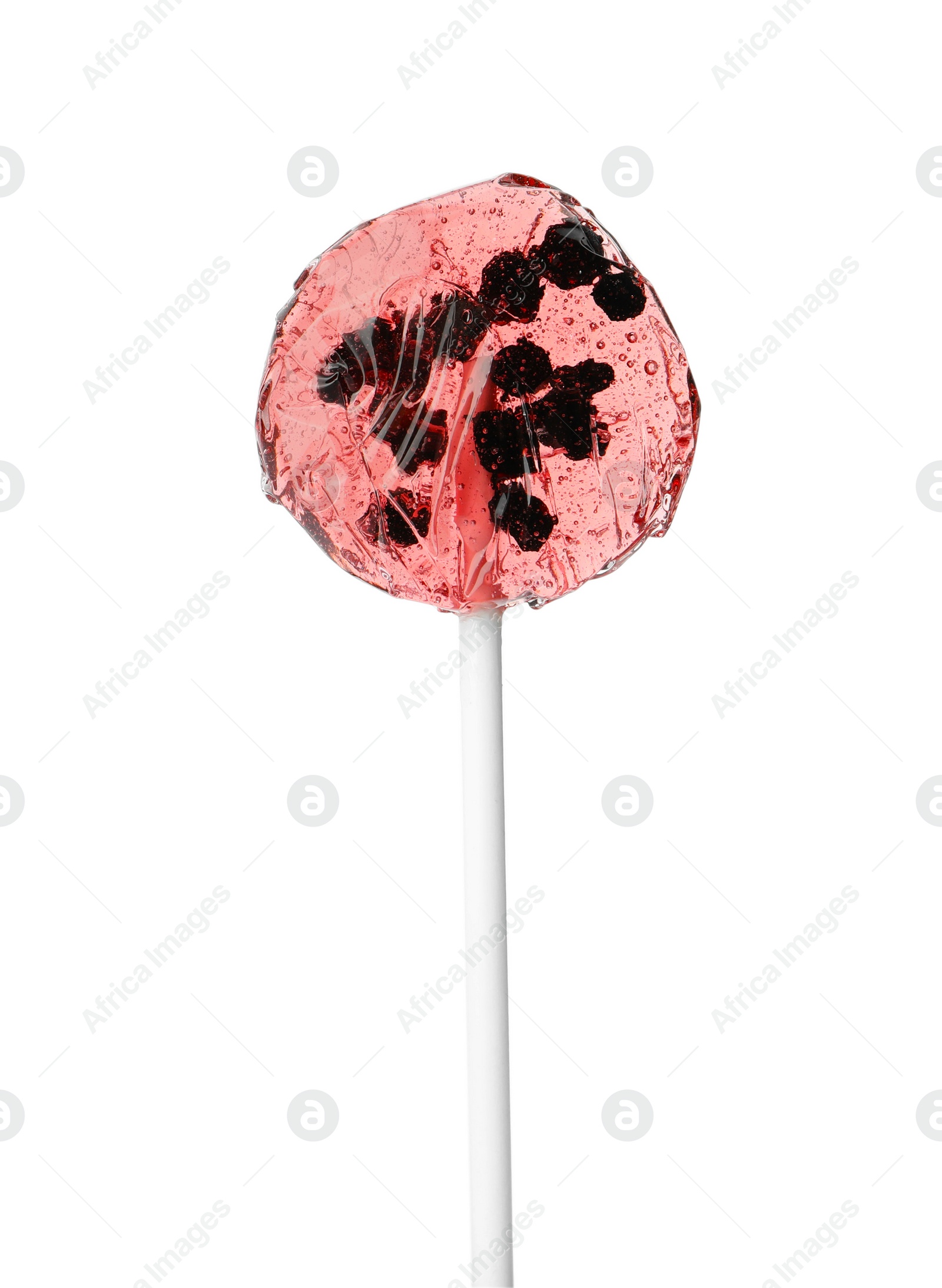 Photo of Sweet colorful lollipop with berries isolated on white