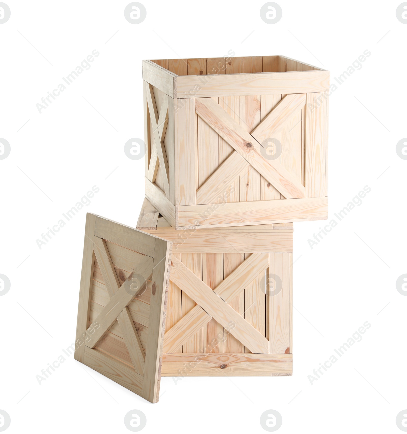 Photo of Pair of wooden crates and lid isolated on white