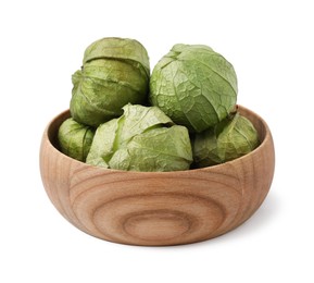 Photo of Bowl of fresh green tomatillos with husk isolated on white