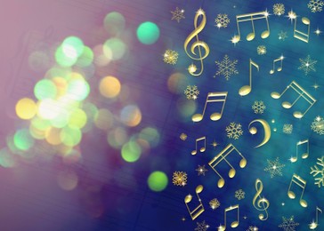 Music notes, snowflakes and sheet with musical symbols, space for text. Bokeh effect