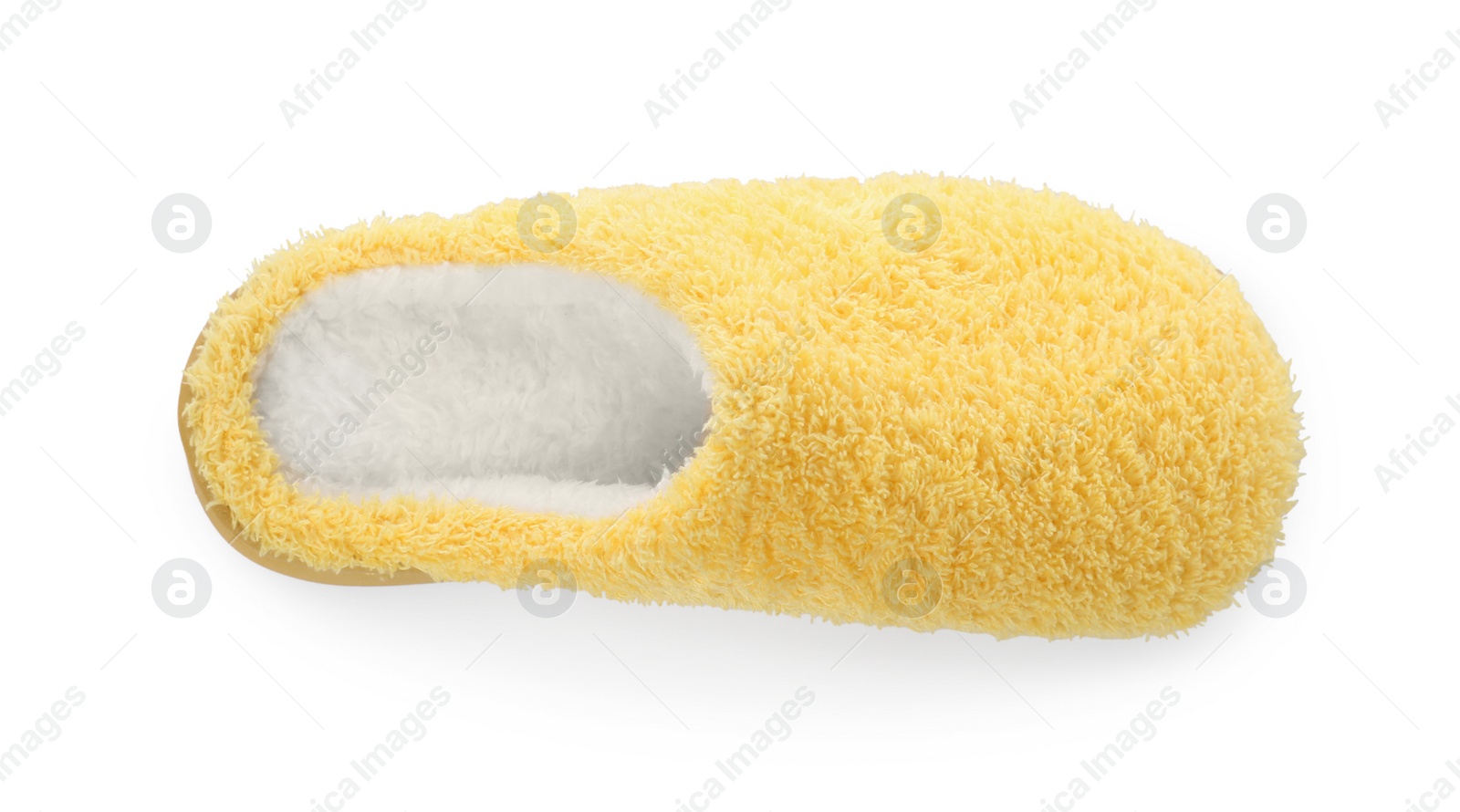 Photo of One yellow soft slipper isolated on white, top view