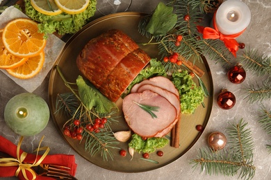 Photo of Flat lay composition with delicious ham on marble table. Christmas dinner