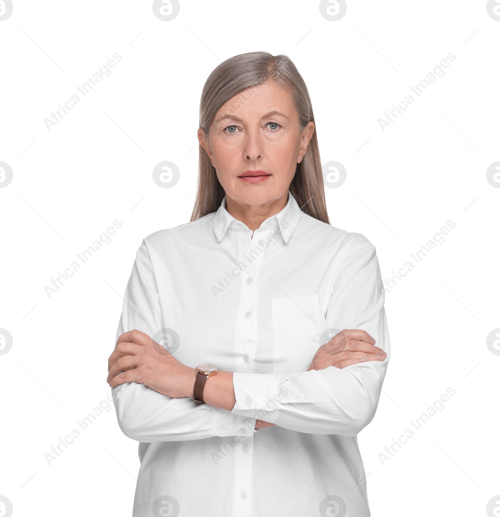 Photo of Portrait of confident woman with crossed arms on white background. Lawyer, businesswoman, accountant or manager