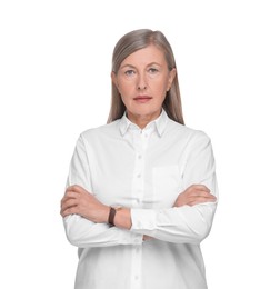 Photo of Portrait of confident woman with crossed arms on white background. Lawyer, businesswoman, accountant or manager