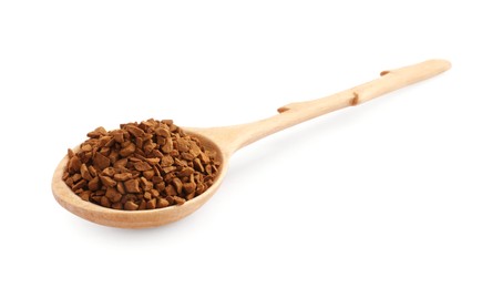 Wooden spoon with aromatic instant coffee isolated on white