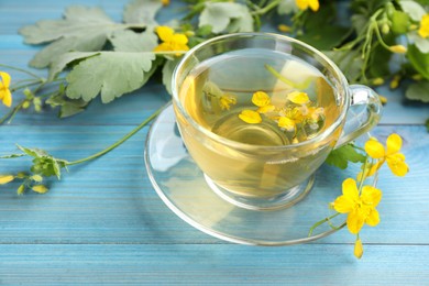 Photo of Glass cup of aromatic celandine tea and flowers on light blue wooden table, closeup