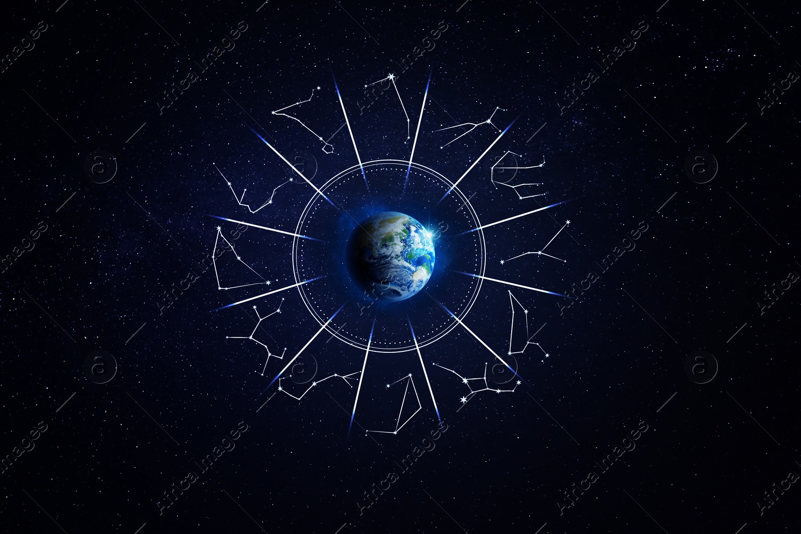 Image of Zodiac wheel with astrological constellations around Earth in open space, illustration