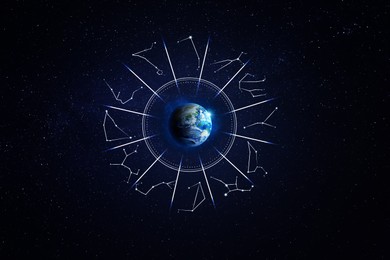 Image of Zodiac wheel with astrological constellations around Earth in open space, illustration