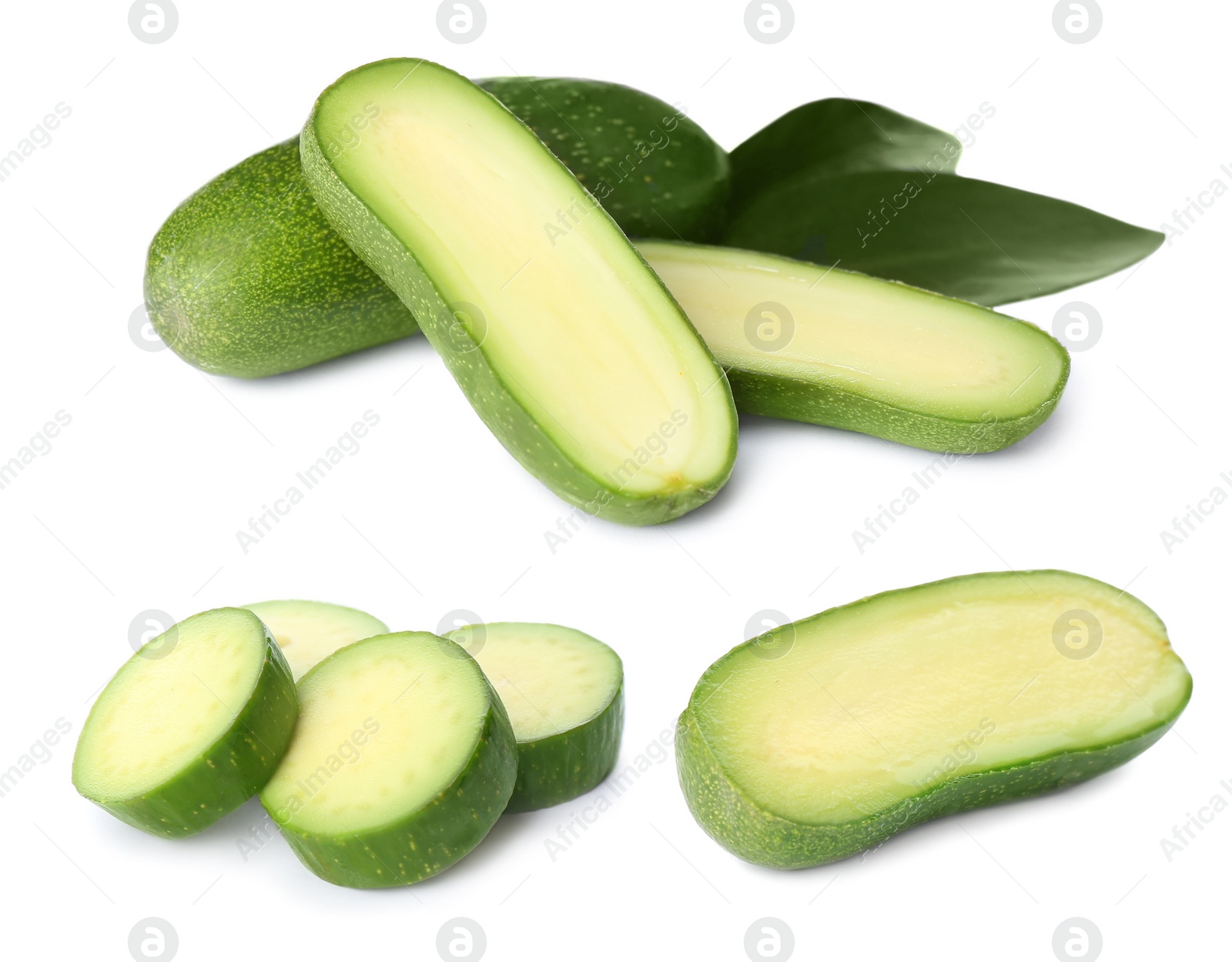 Image of Set with fresh seedless avocados on white background 