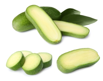 Set with fresh seedless avocados on white background 