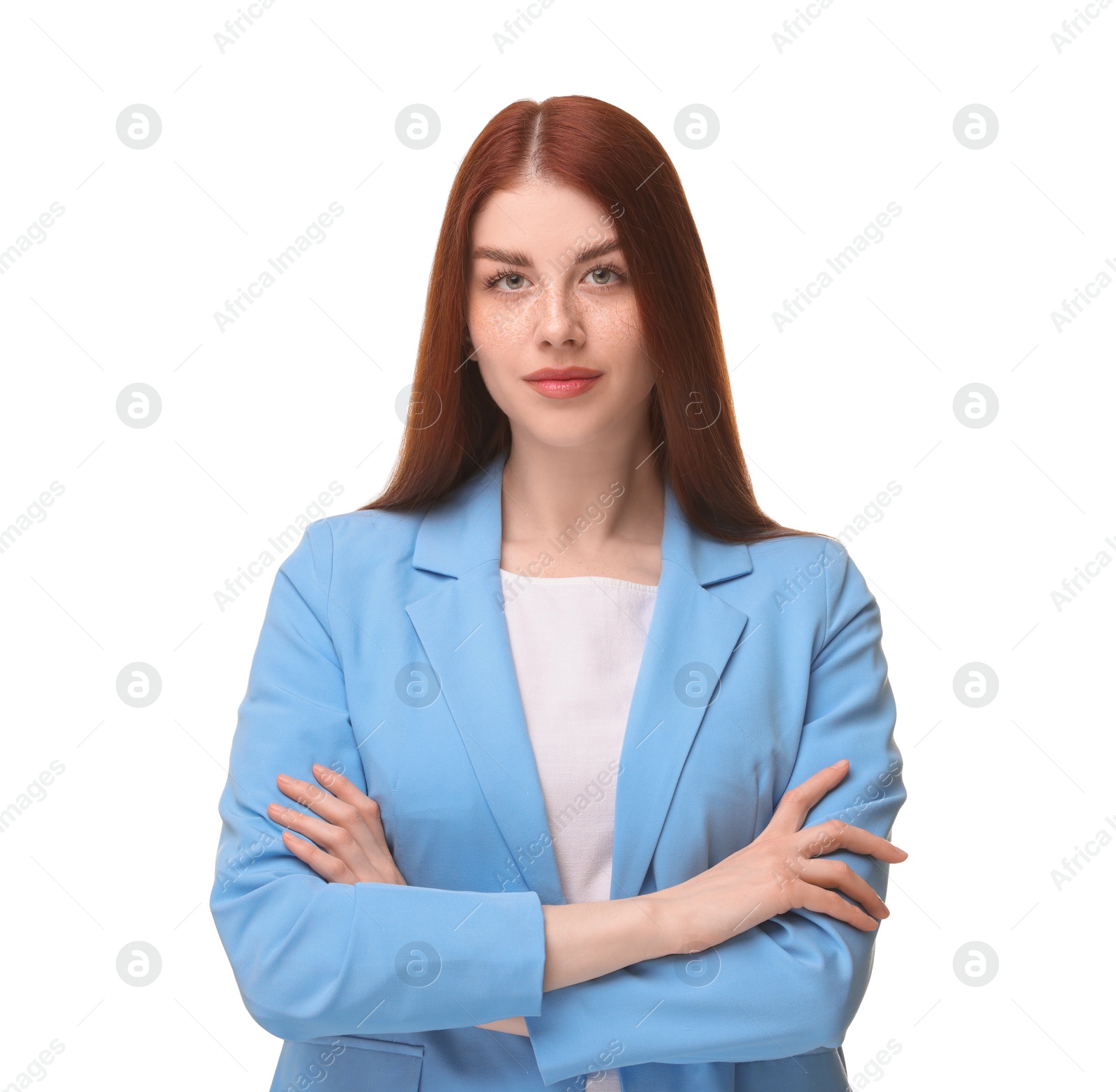 Photo of Portrait of beautiful businesswoman with crossed arms on white background