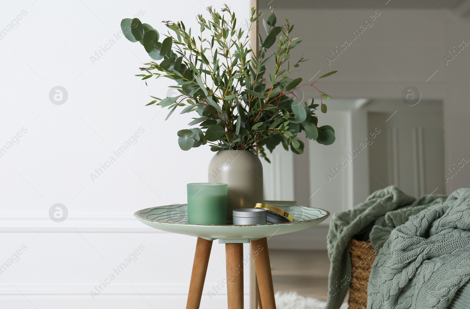 Photo of Beautiful living room interior with eucalyptus branches