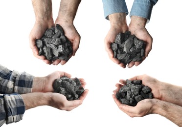 Image of Collage with photos of men holding piles of coal on white background, closeup