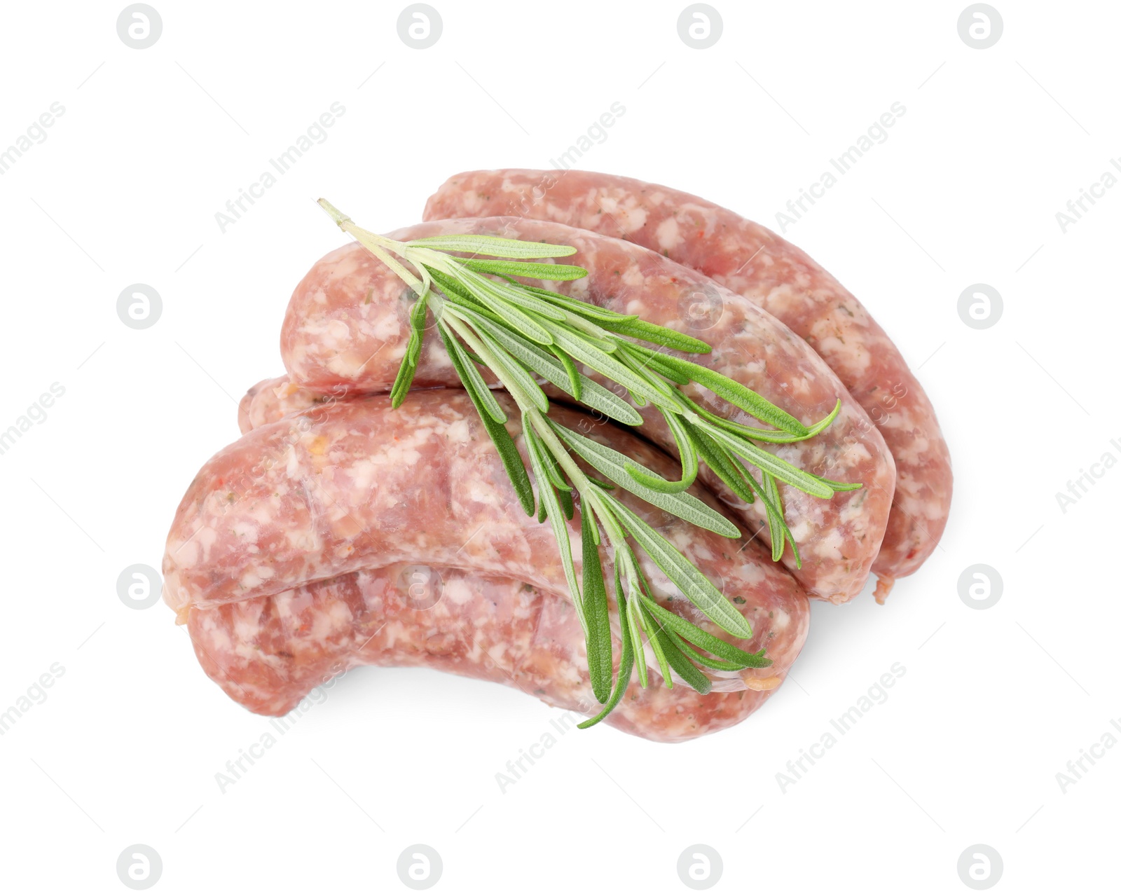 Photo of Raw homemade sausages and rosemary isolated on white, top view