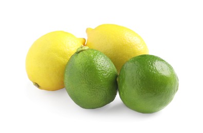 Photo of Fresh ripe lemons and limes on white background