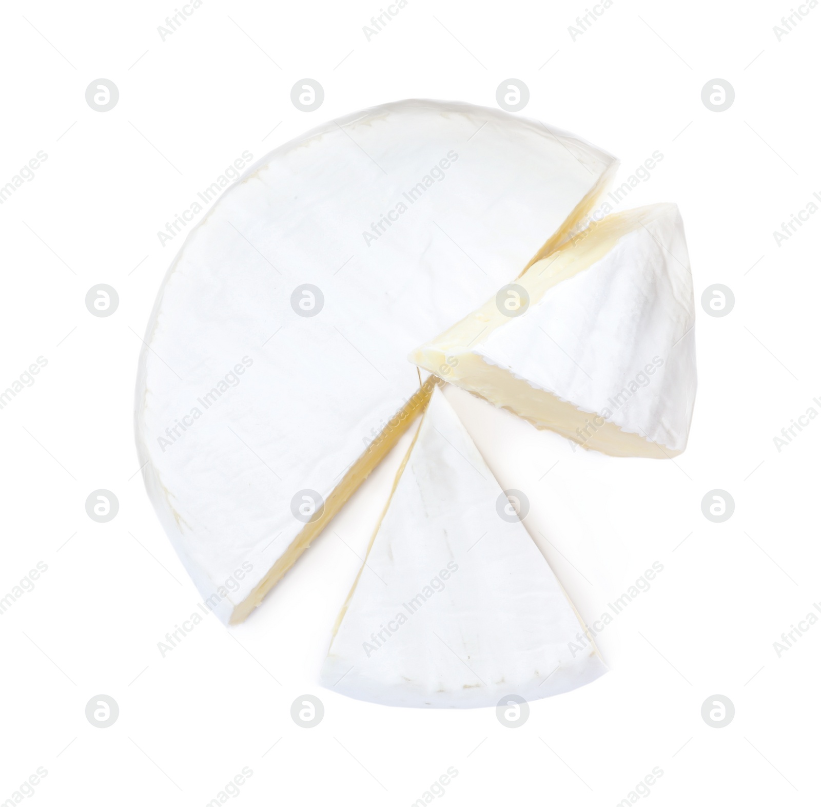 Photo of Tasty cut brie cheese on white background, top view