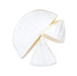 Photo of Tasty cut brie cheese on white background, top view