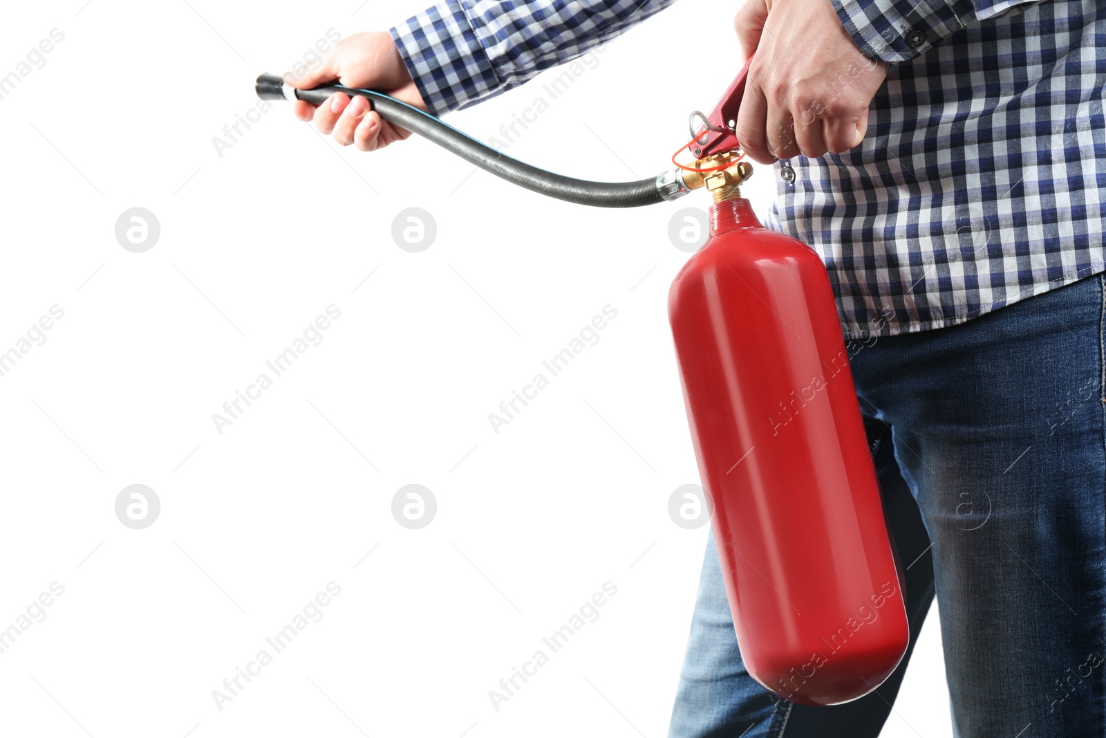 Photo of Man using fire extinguisher on white background, closeup