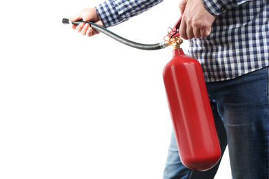 Man using fire extinguisher on white background, closeup