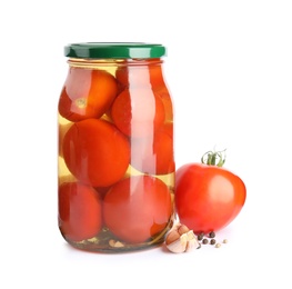Photo of Pickled tomatoes in glass jar and products on white background