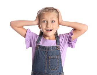 Photo of Portrait of adorable little girl on white background