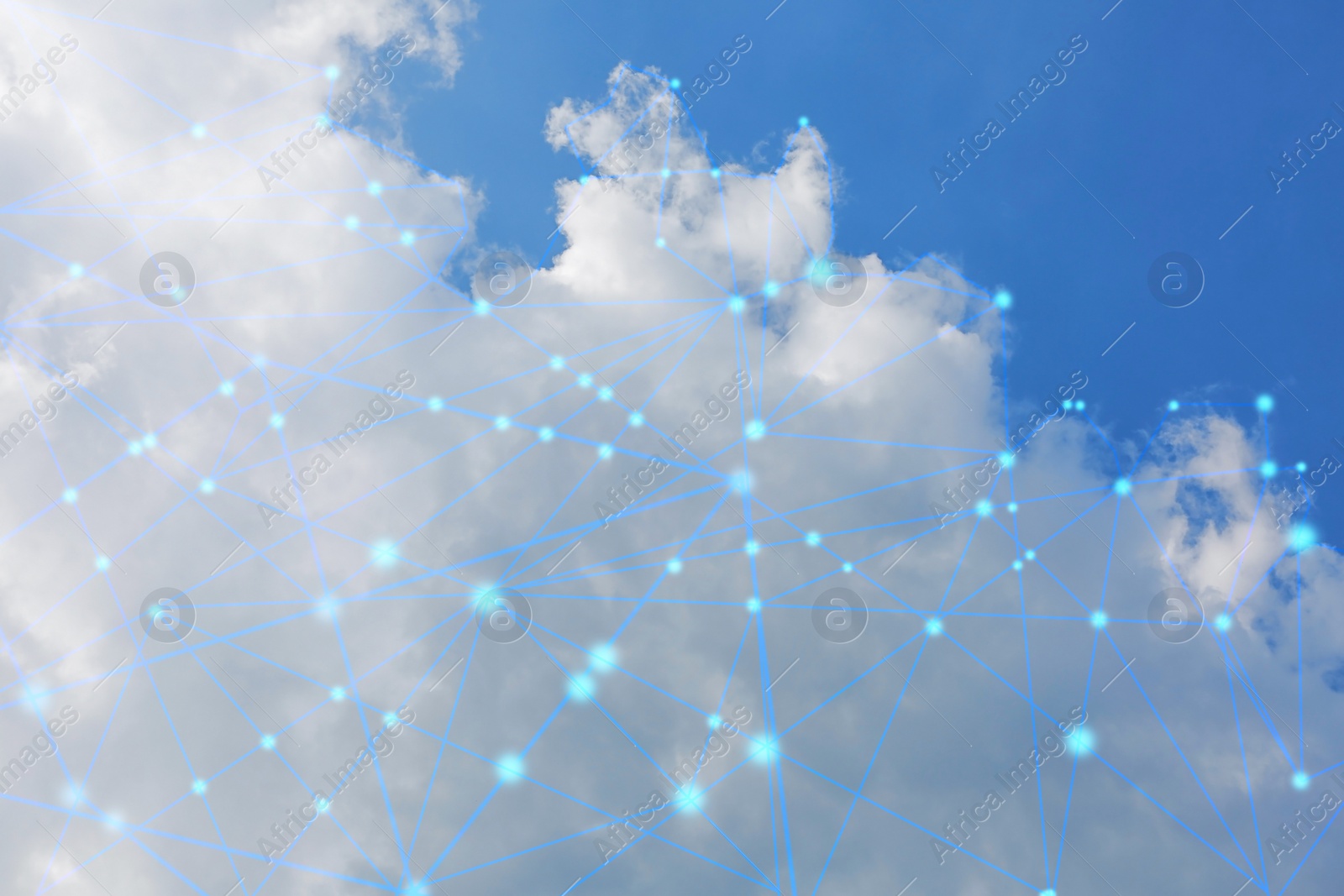 Image of Blue sky and network connection lines. Cloud technology