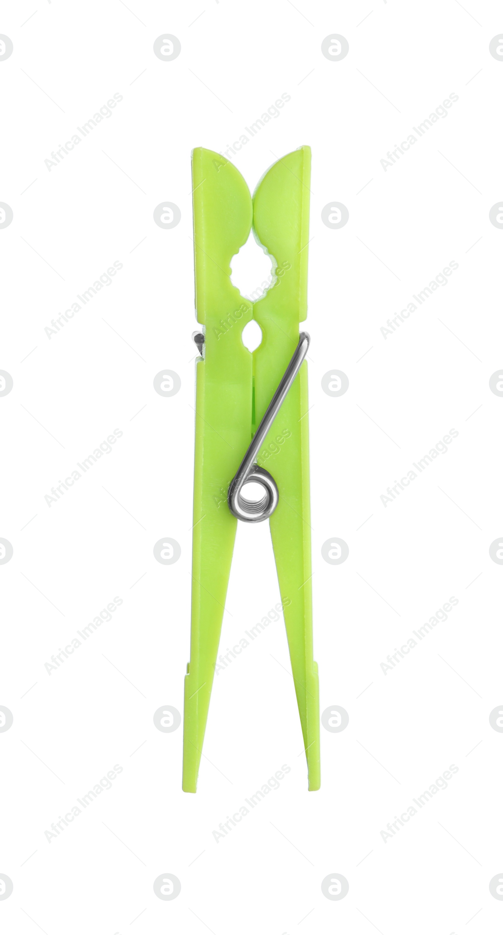 Photo of Bright green plastic clothespin isolated on white