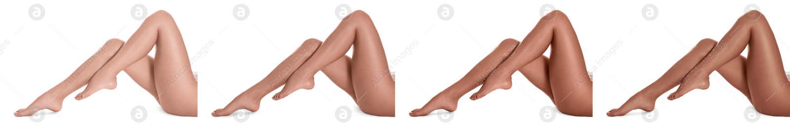 Image of Woman with beautiful legs on white background, closeup. Collage of photos showing stages of suntanning