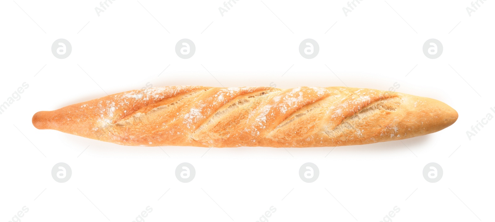 Photo of Tasty baguette isolated on white, top view. Fresh bread