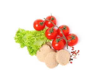 Photo of Slices of delicious liver sausage, tomatoes, lettuce and peppercorns on white background, top view