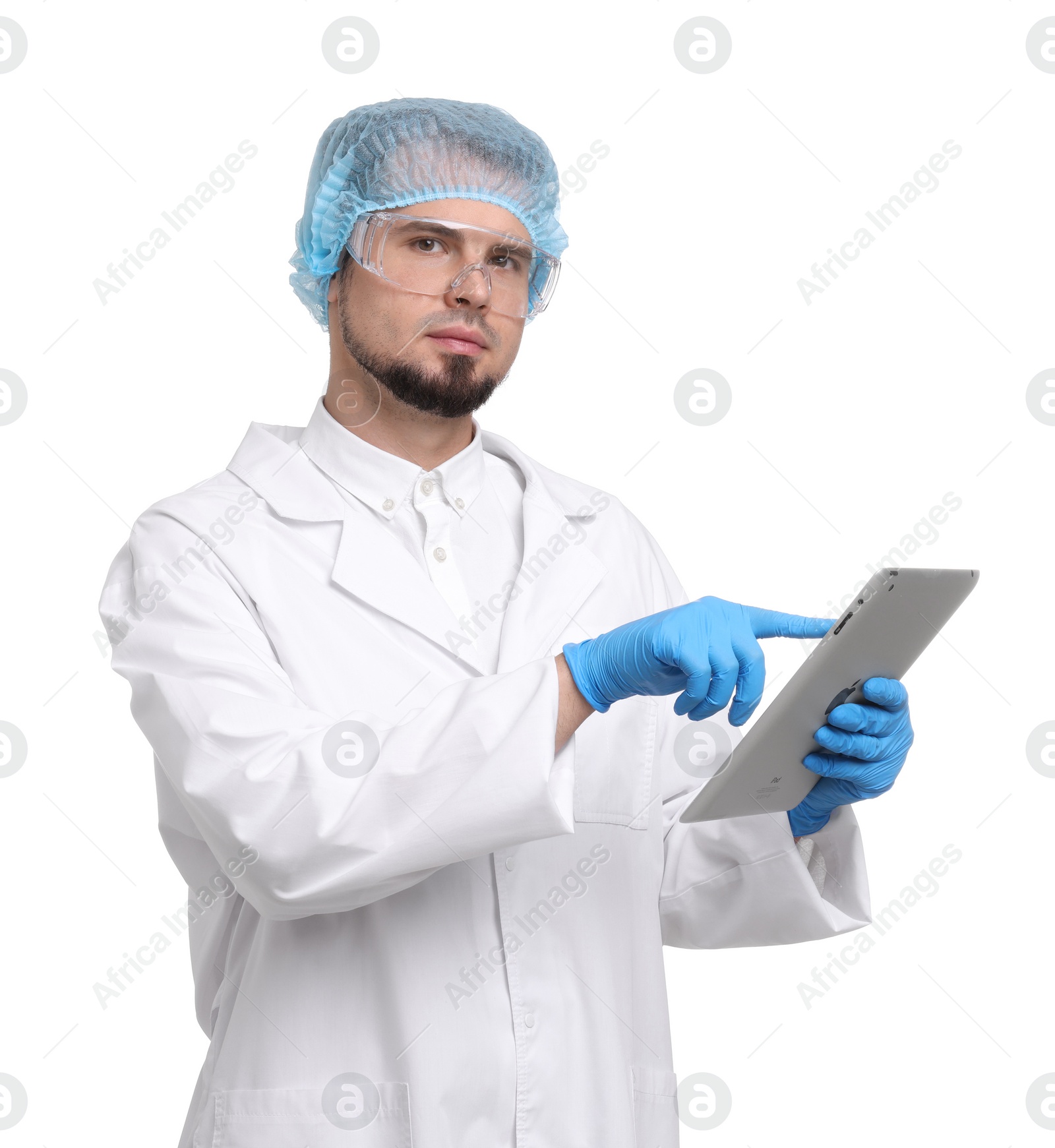 Photo of Quality control. Food inspector with tablet on white background