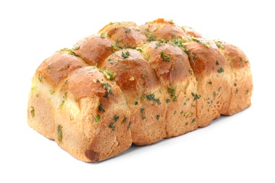 Photo of Buns of bread with garlic and herbs on white background