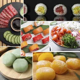 Different tasty Asian dishes. Collage with sushi rolls, mochi and others