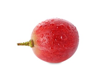 Photo of One ripe red grape with water drops isolated on white