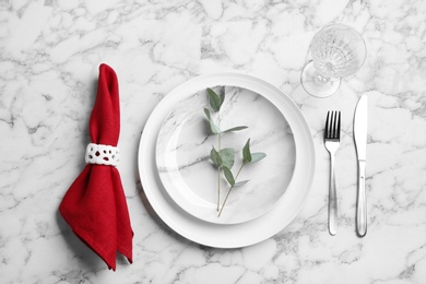 Elegant table setting on marble table, flat lay