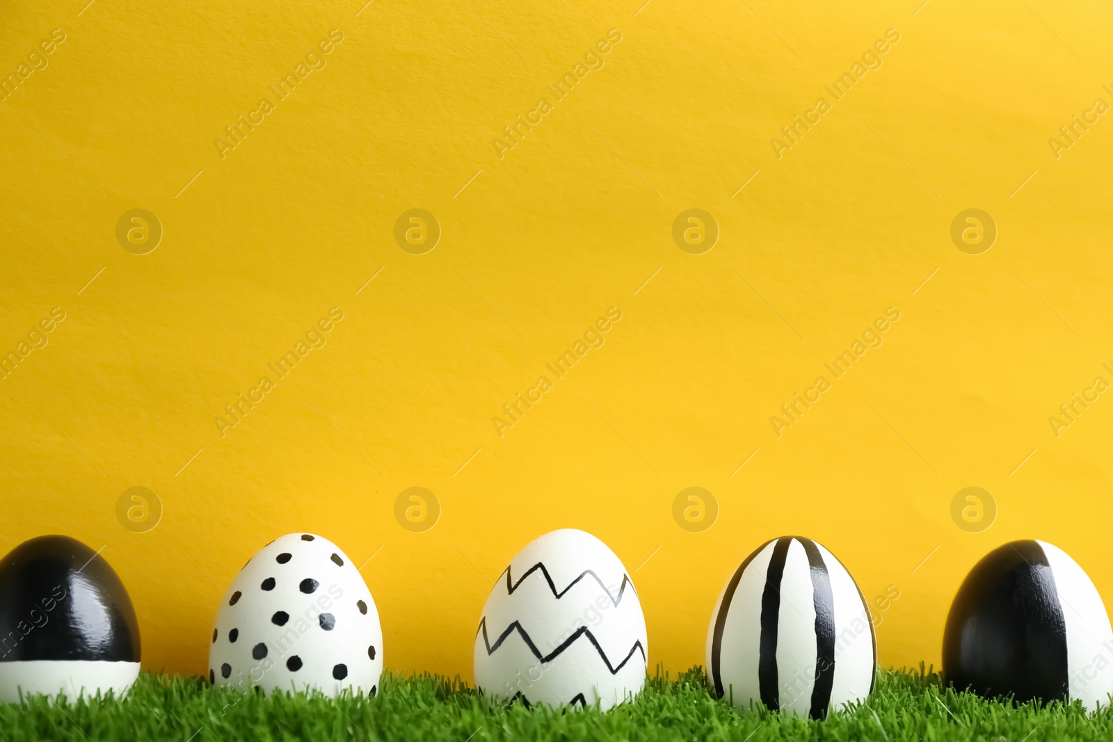 Photo of Line of painted Easter eggs on green lawn against color background, space for text