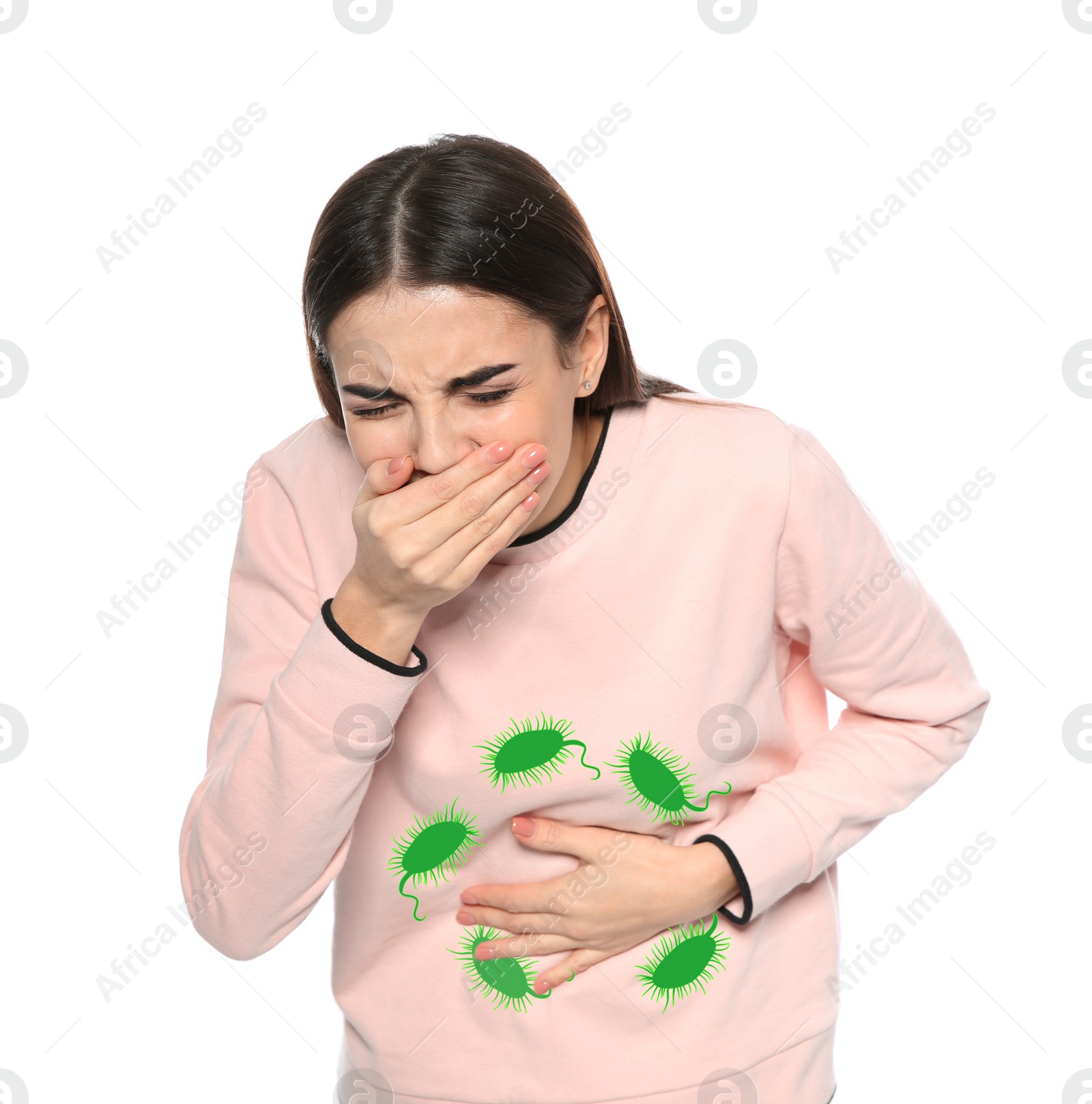 Image of Young woman suffering from nausea and bacteria illustration on white background. Food poisoning