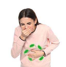 Image of Young woman suffering from nausea and bacteria illustration on white background. Food poisoning