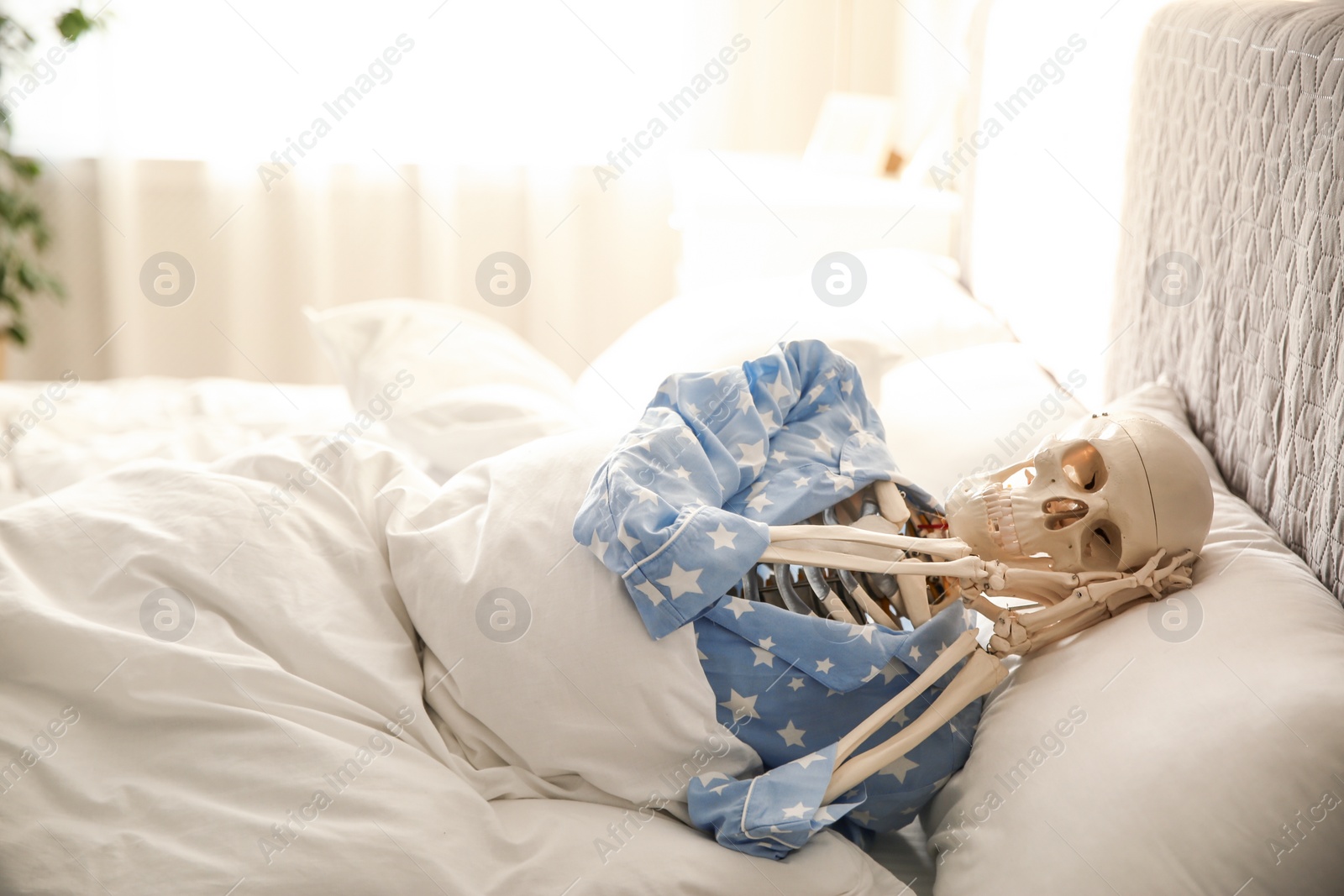 Photo of Human skeleton in pajamas lying on bed indoors