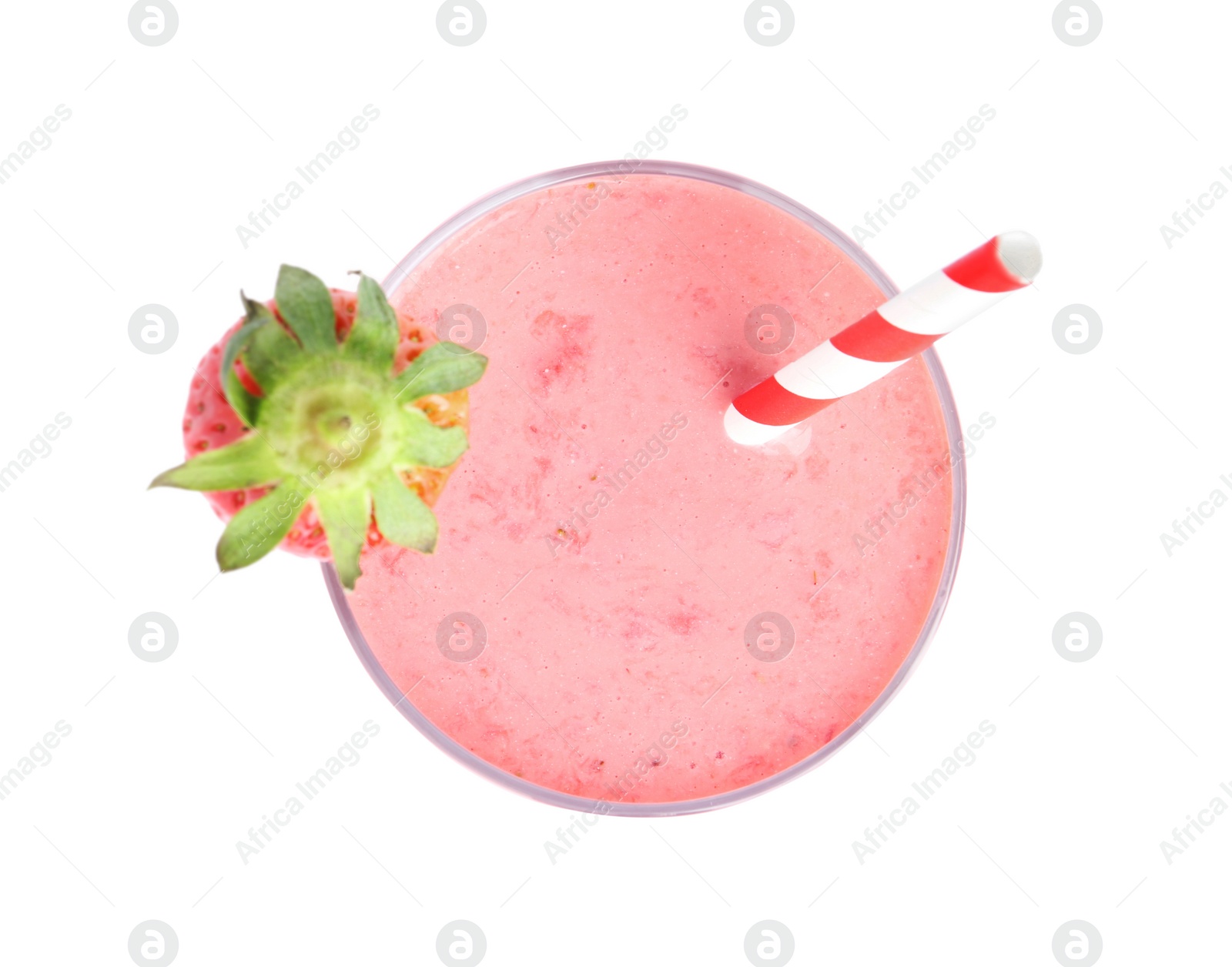 Photo of Tasty strawberry smoothie in glass isolated on white, top view