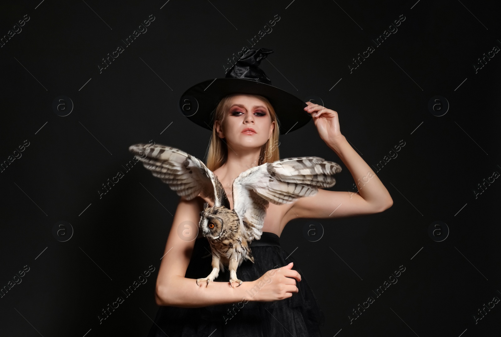 Photo of Witch in black hat with owl on dark background. Scary fantasy character