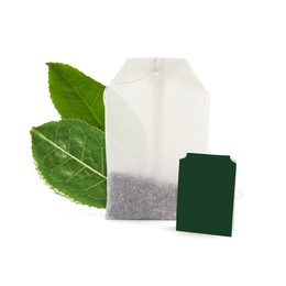 Image of Tea bag with leaves on white background